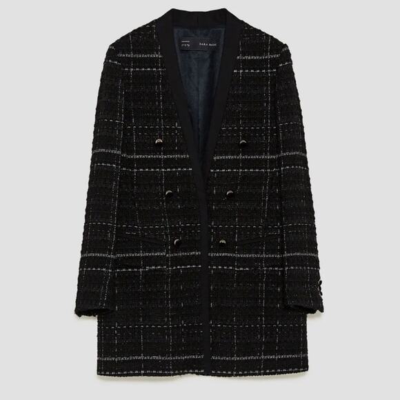 NWT Zara Black Textured Tweed Checked Frock Coat. - Picture 1 of 12